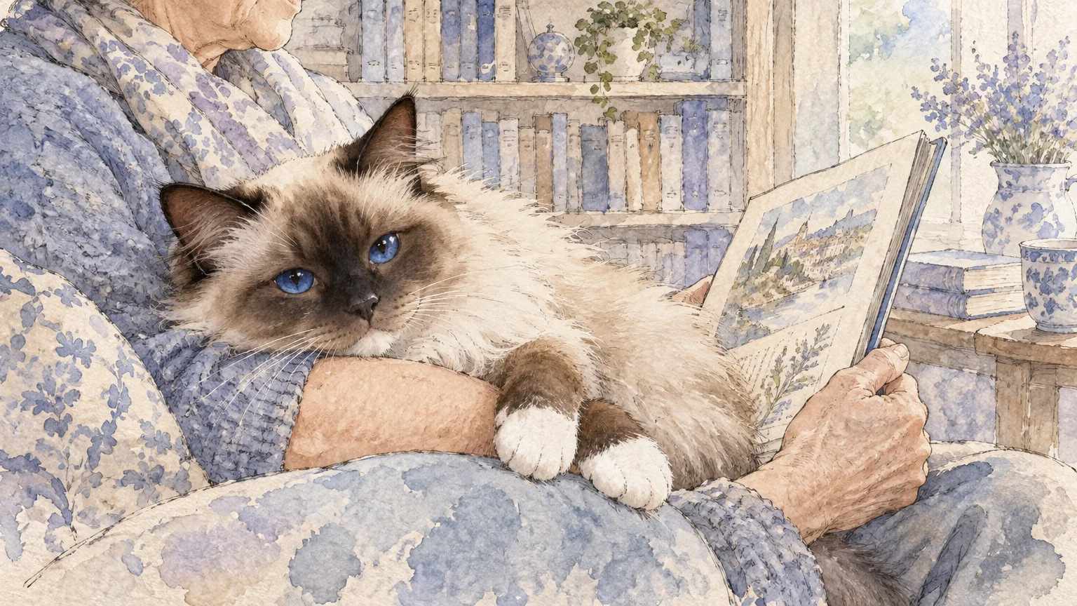 Watercolor illustration of a fluffy Birman cat resting comfortably in an elderly person's lap as they read an open book.