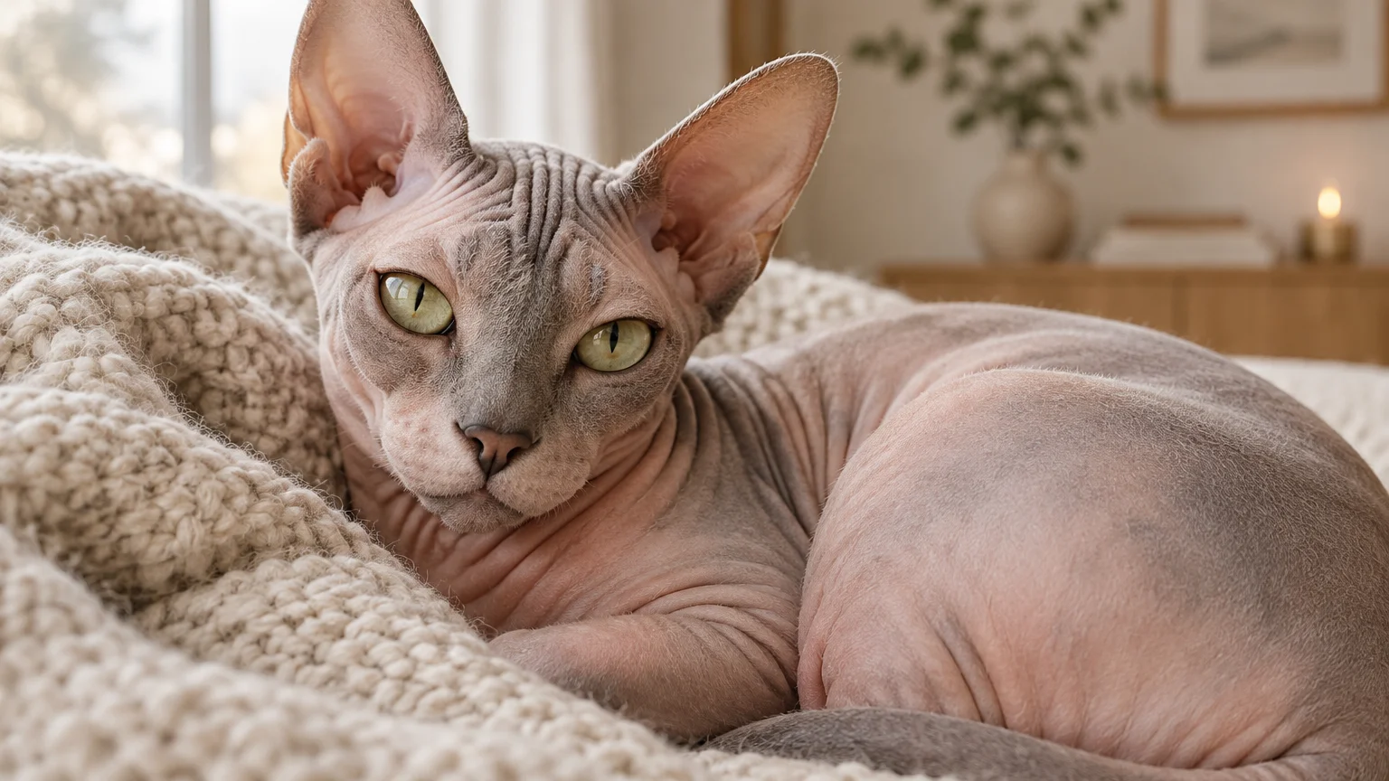 Wrinkled Sphynx cat with pale green eyes resting comfortably on a chunky knit blanket indoors.