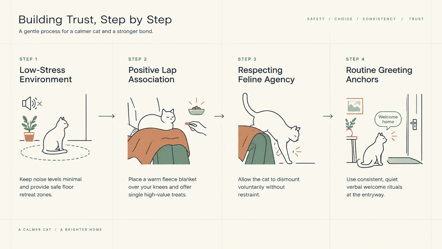 Four-step diagram showing how to build trust with a cat, from low-stress spaces to voluntary dismounting and greetings.
