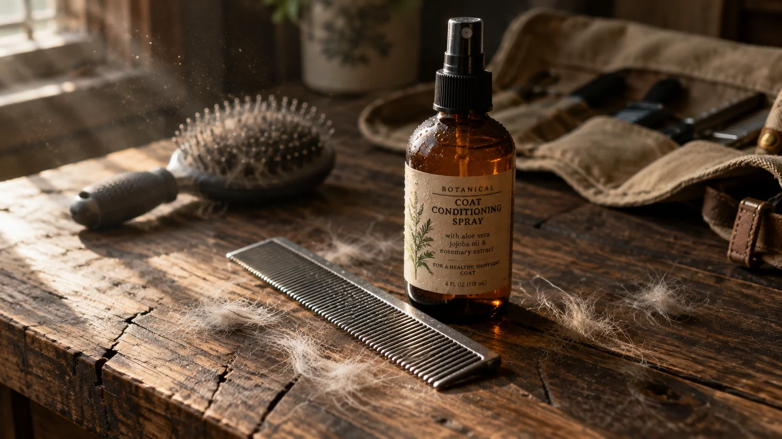 Conditioning spray bottle, metal comb, and hairbrush sitting on a rustic wooden table covered in tufts of fur.