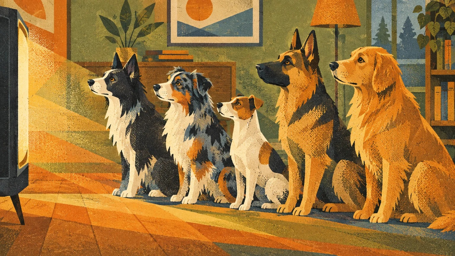 Illustration of five different dog breeds sitting in a row on a living room floor, attentively watching a glowing television.