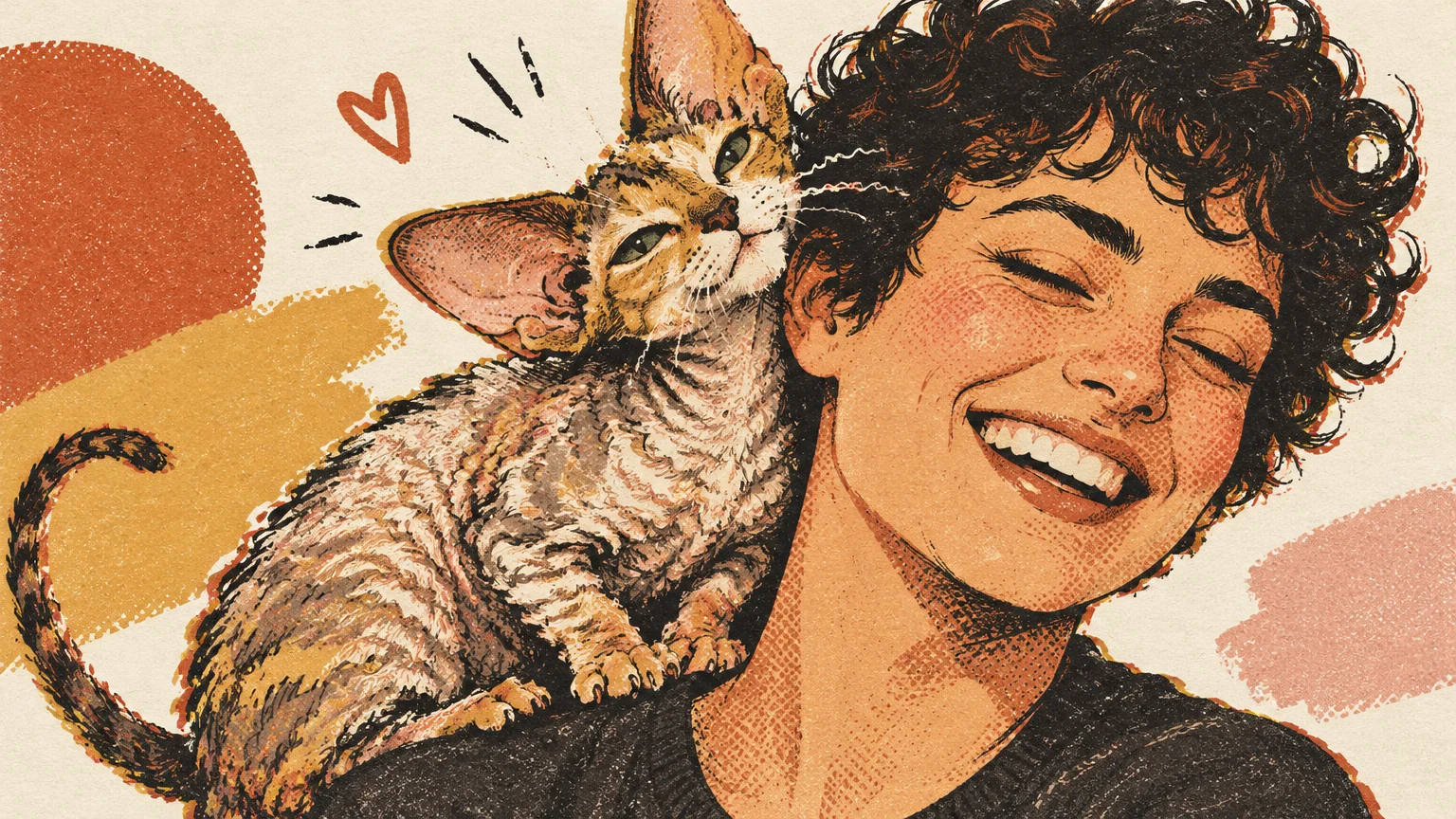 Illustration of a curly-haired Devon Rex cat perching on the shoulder of a smiling person with short curly hair.