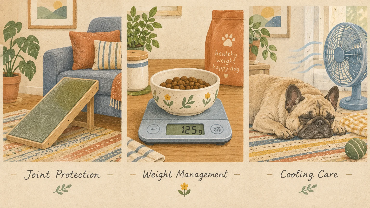 Three panels illustrating dog care: a couch ramp, a food bowl weighed on a scale, and a French bulldog resting by a fan.