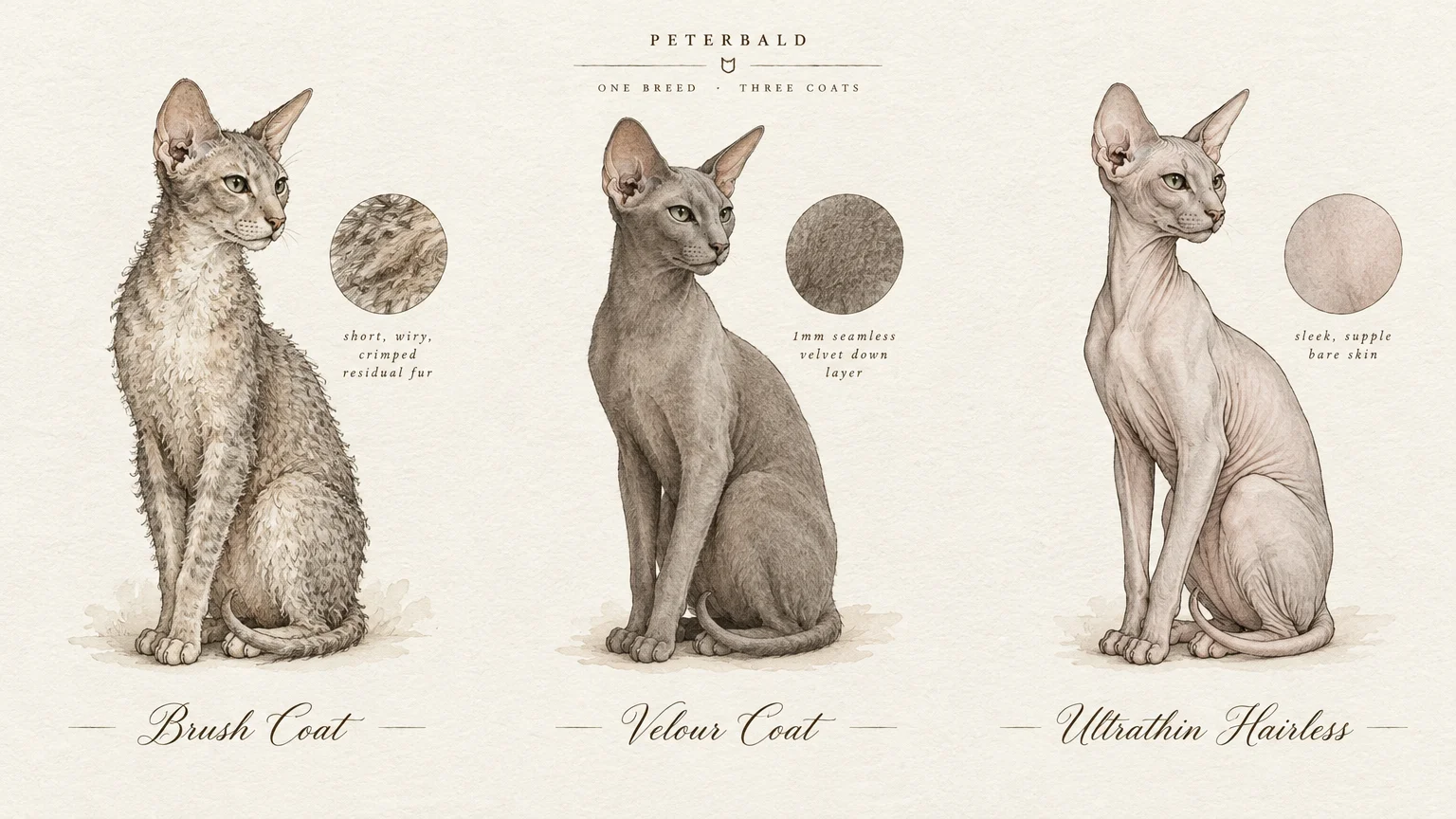 Illustration of three Peterbald cats displaying brush coat, velour coat, and hairless variations side by side.