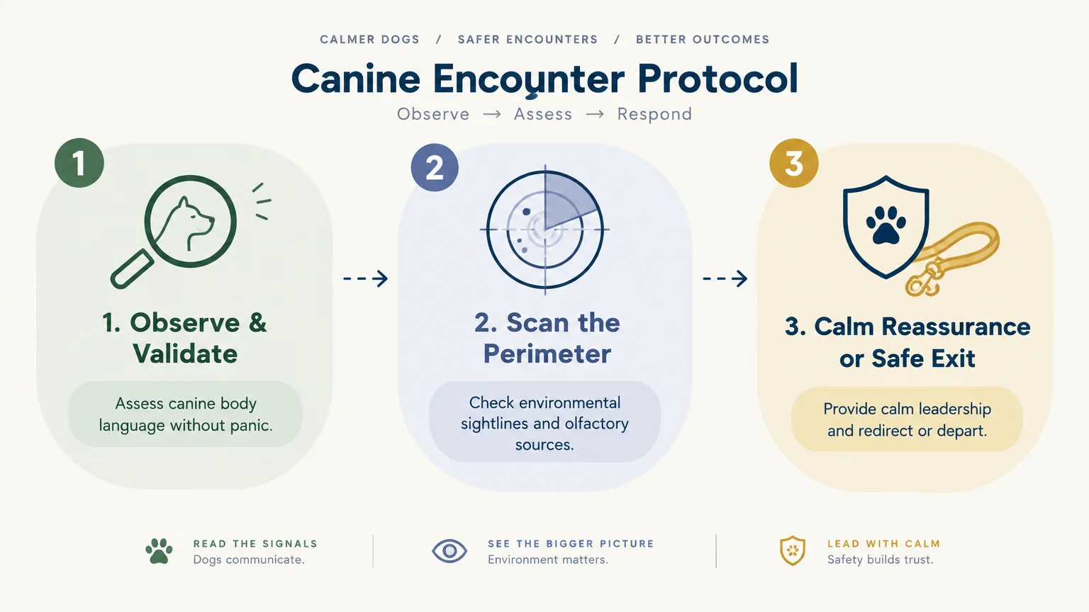 Three-step infographic titled Canine Encounter Protocol outlining Observe and Validate, Scan the Perimeter, and Safe Exit.