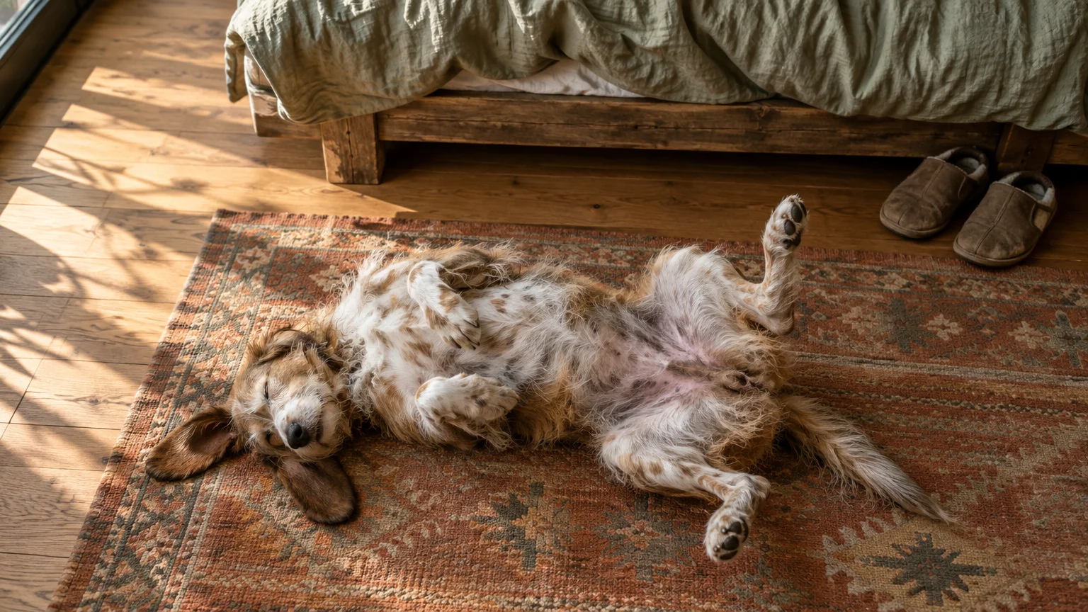 A scruffy brown and white dog sleeps belly-up on a patterned rug beside a wooden bed frame.