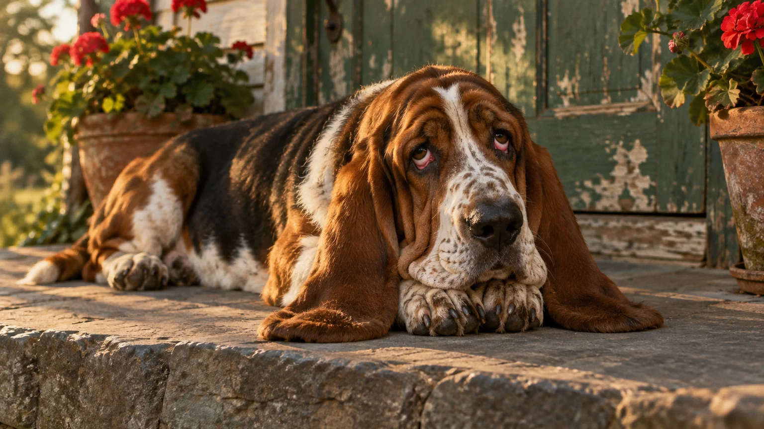 Basset hound lying down on stone porch steps with head resting on front paws between potted red geraniums.
