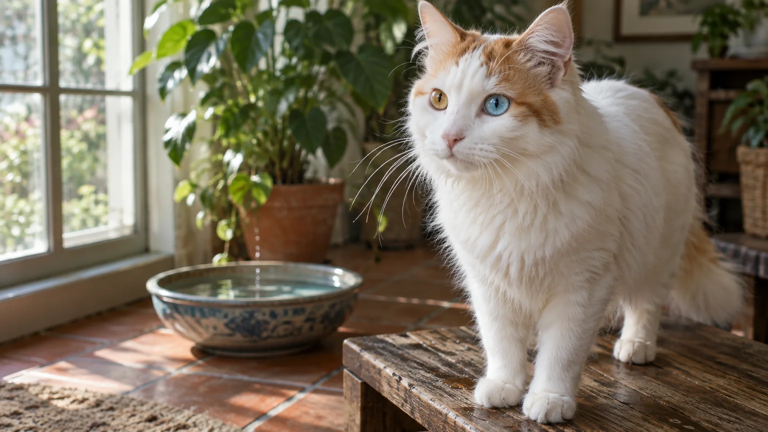 A fluffy white Turkish Van cat with one blue eye and one amber eye stands on a wooden table indoors.
