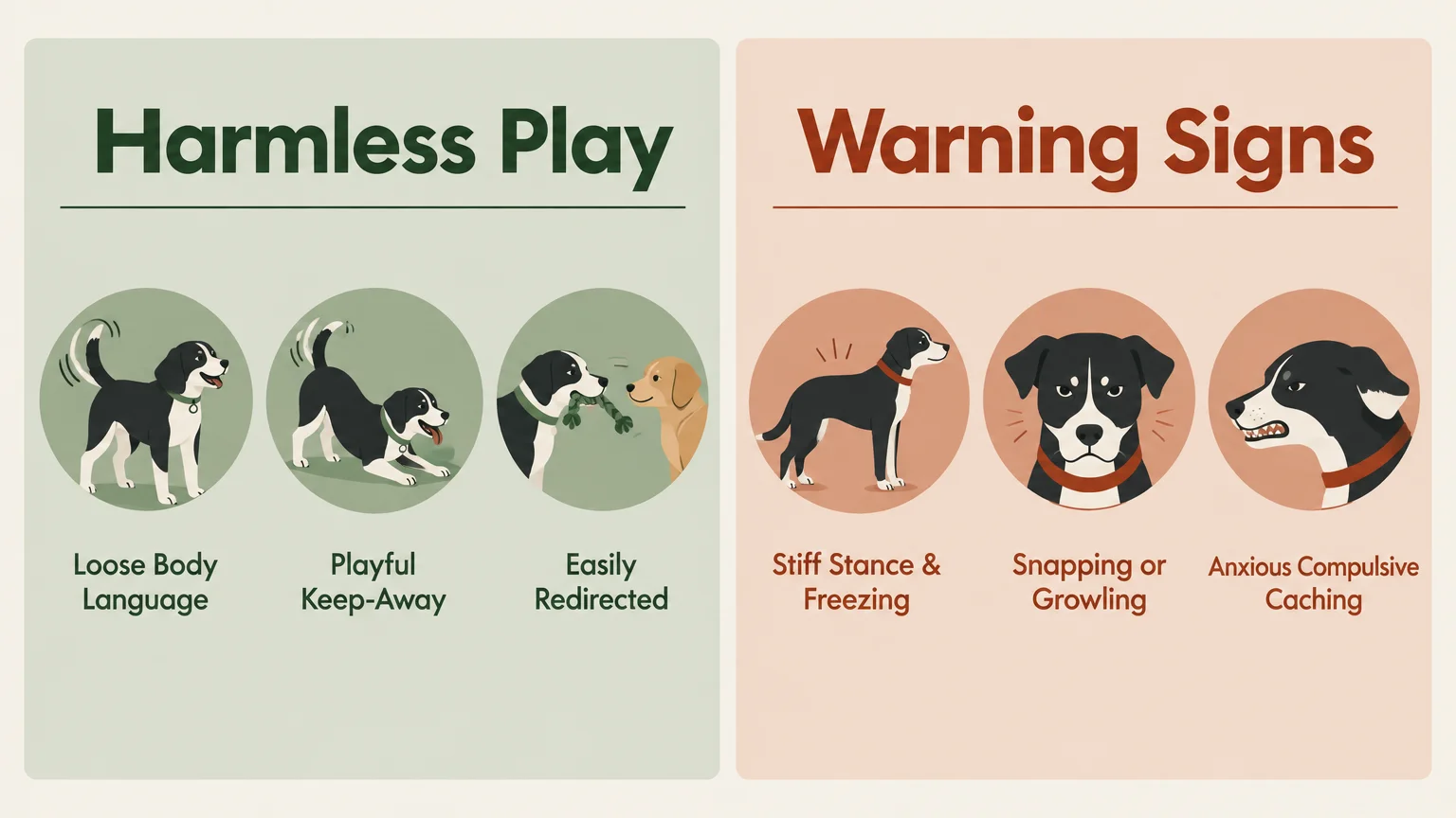 Illustrated chart comparing Harmless Play and Warning Signs dog behaviors in green and orange circular panels.