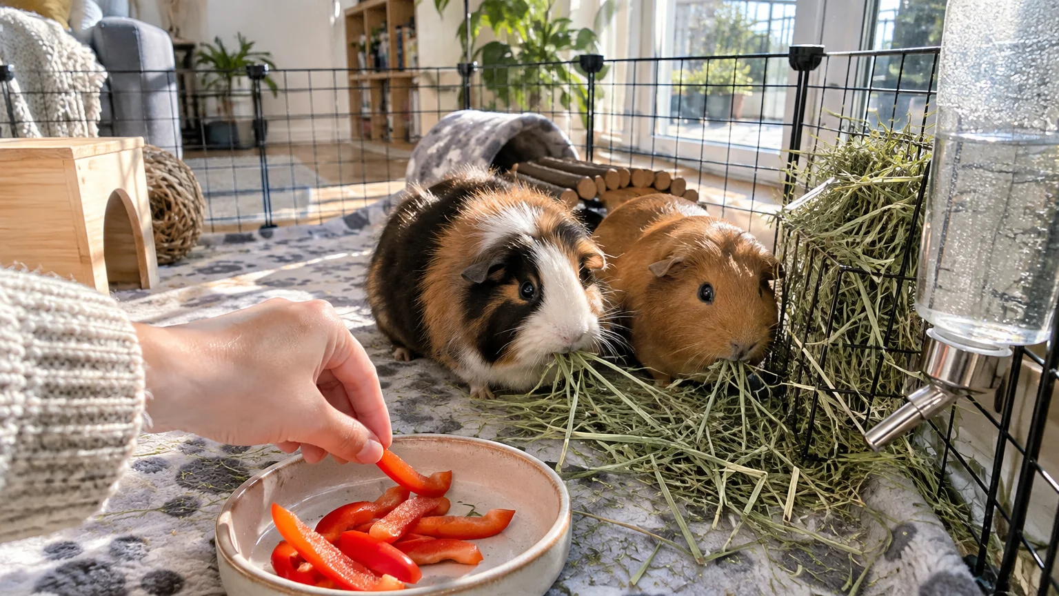 Two guinea pigs eat hay in an indoor playpen as a person places red bell pepper slices in a dish.