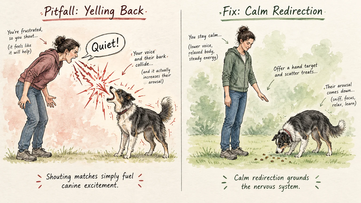Split panel contrasting a woman yelling back at a barking dog with a woman calmly scattering treats on the ground.
