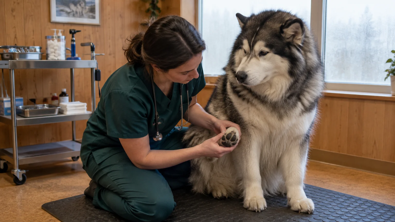 A veterinarian in green scrubs kneels on a mat, examining the front paw of a large Alaskan Malamute.