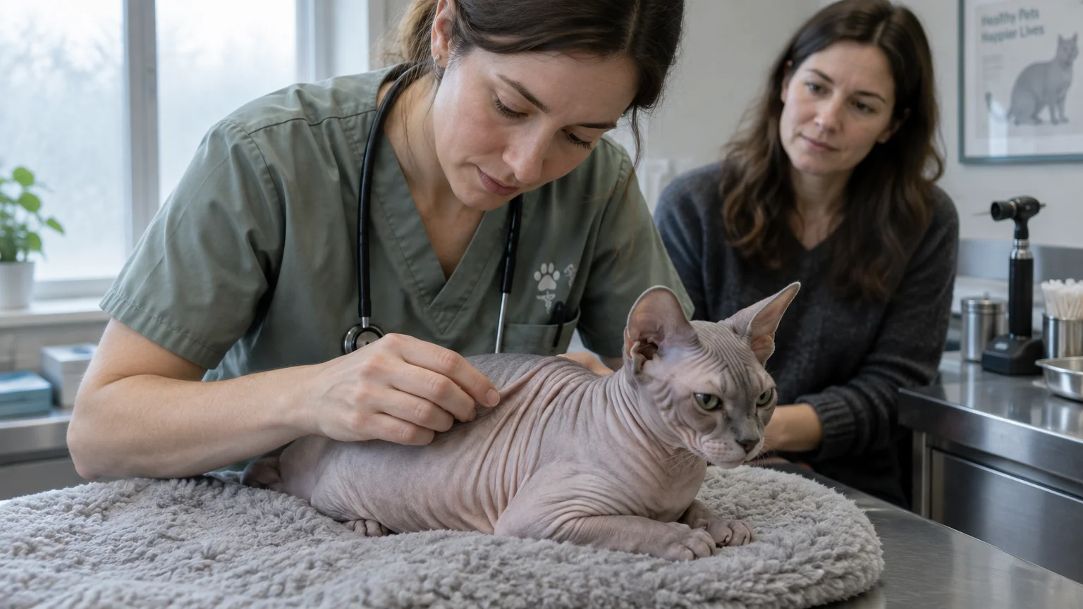 A veterinarian examines the wrinkled skin of a hairless cat resting on an exam table while the owner watches.