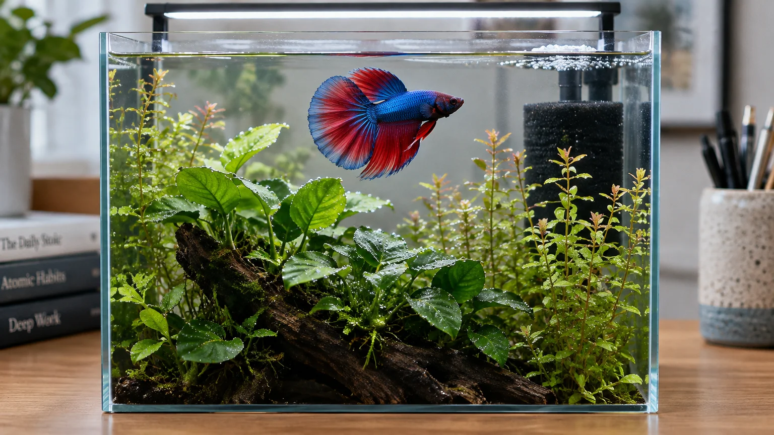 Blue and red betta fish swimming in a planted glass desktop aquarium with driftwood and a sponge filter on a desk.