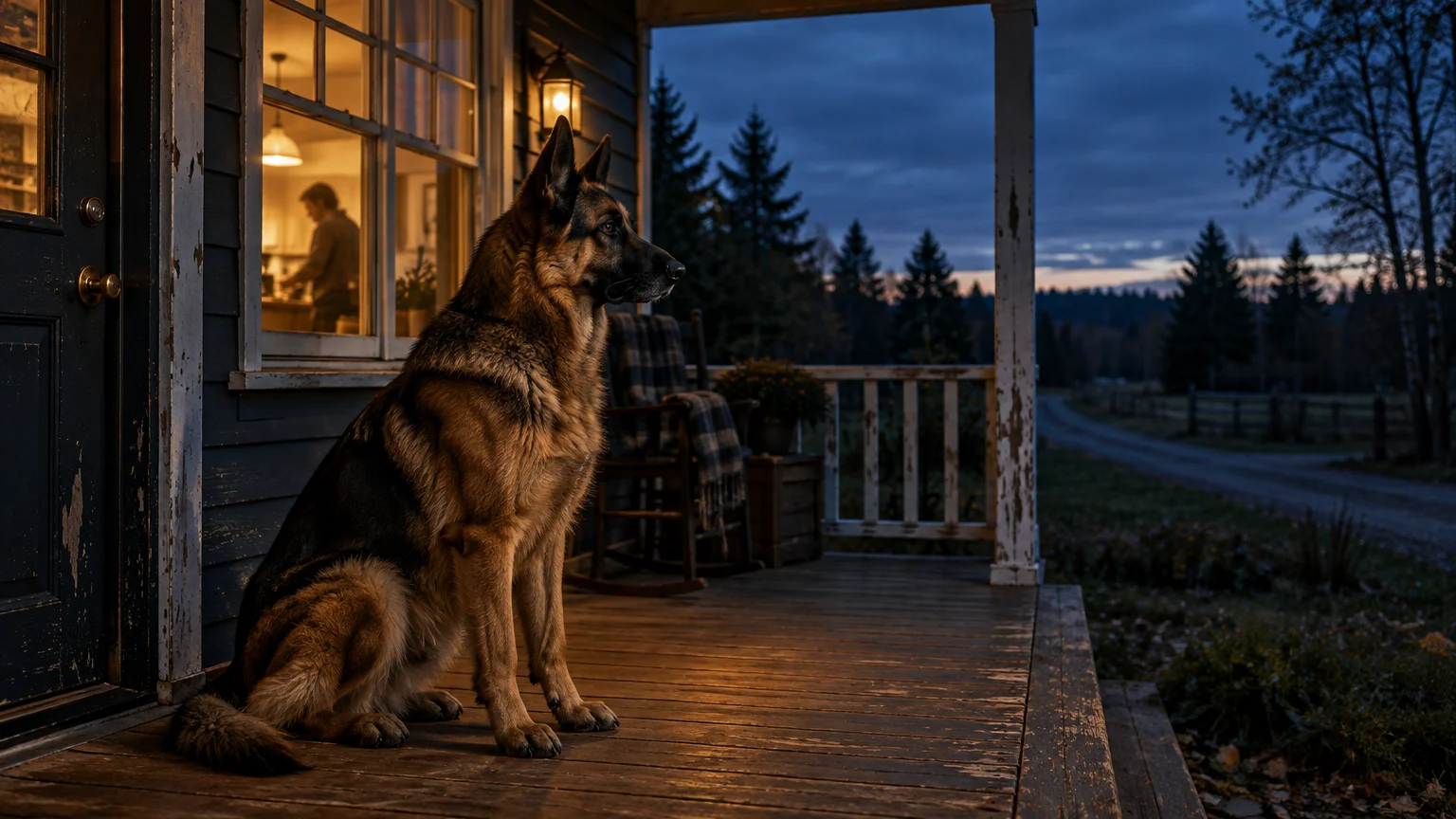 A German Shepherd sits alert on a wooden porch outside a rustic house at dusk, looking toward a rural driveway.