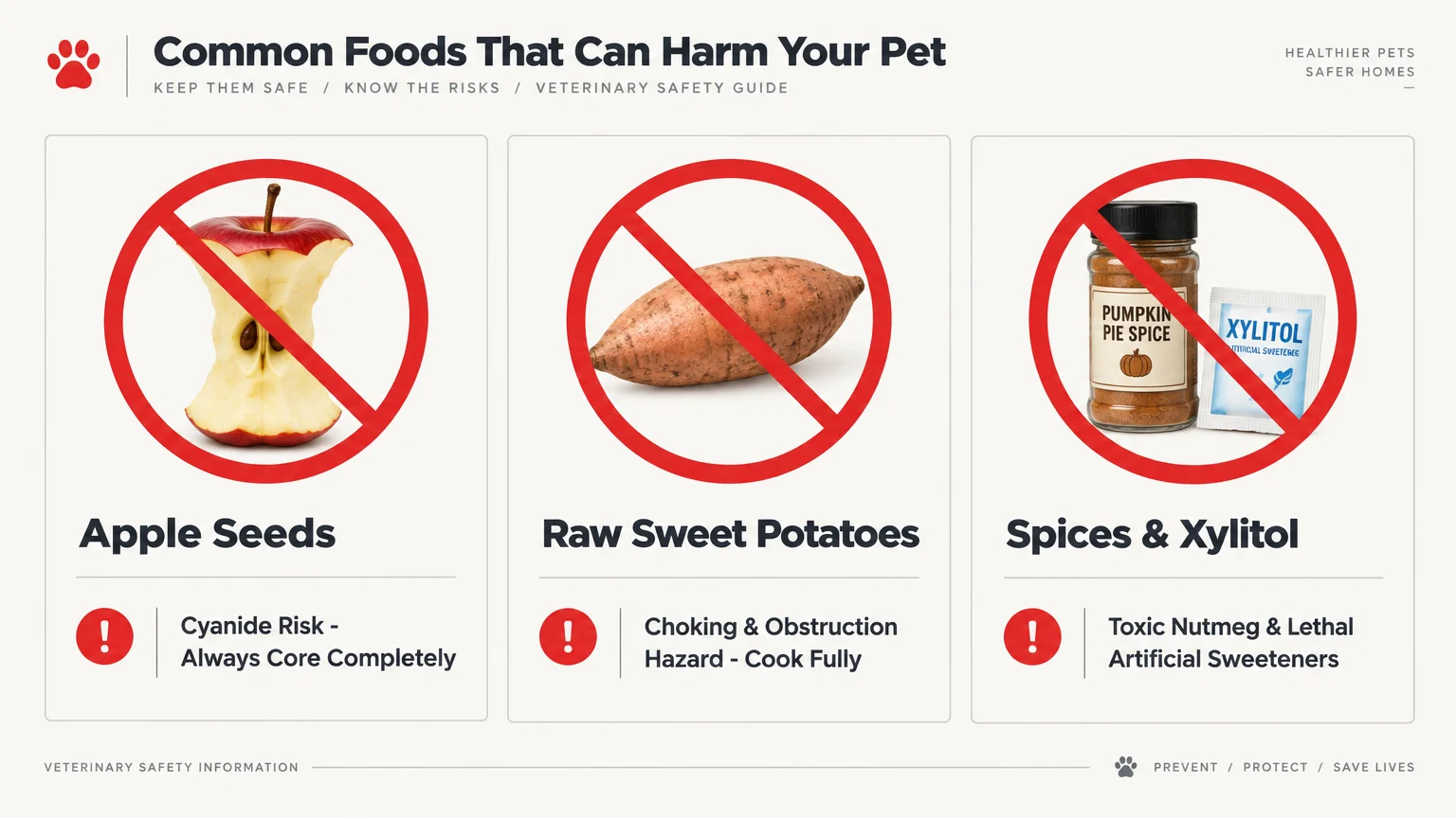 Diagram showing apple cores, raw sweet potatoes, and pumpkin spice with xylitol crossed out by red prohibition circles.