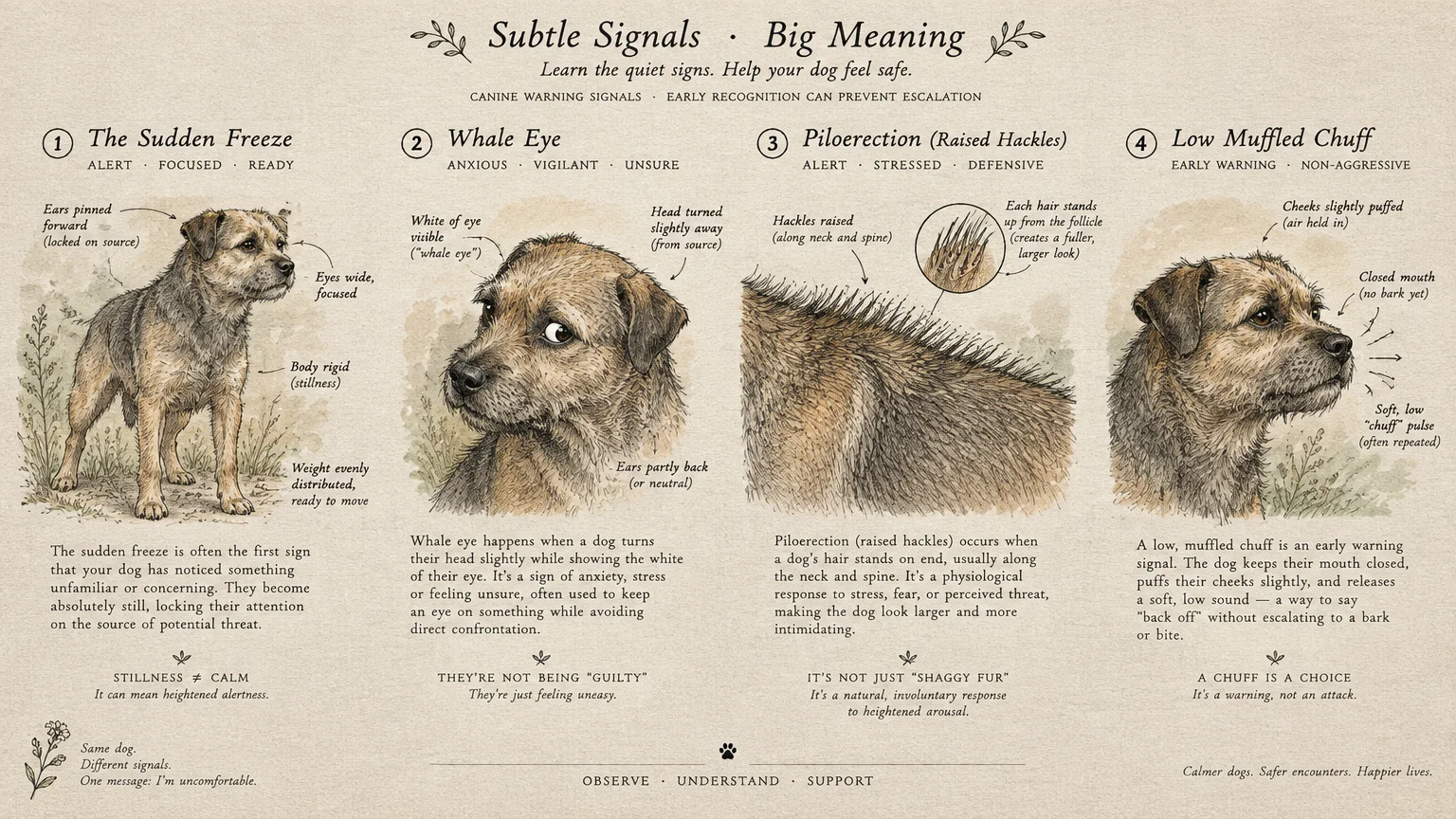 Illustrated chart of canine warning signs: sudden freeze, whale eye, piloerection or raised hackles, and a low muffled chuff.