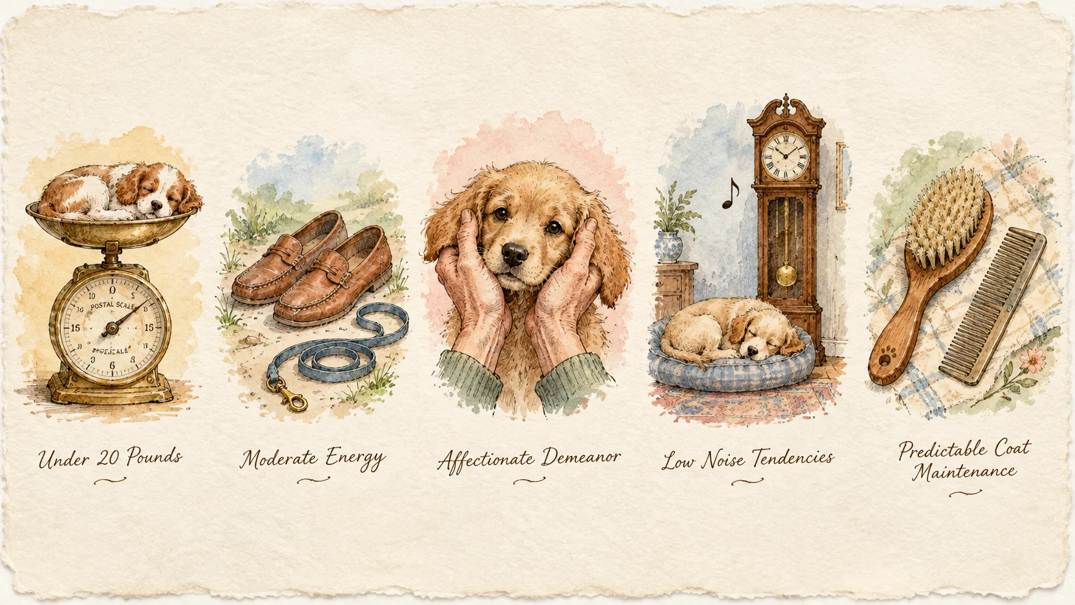 Five watercolor illustrations showing traits for ideal lap dogs, including a scale, walking shoes, and a dog being petted.