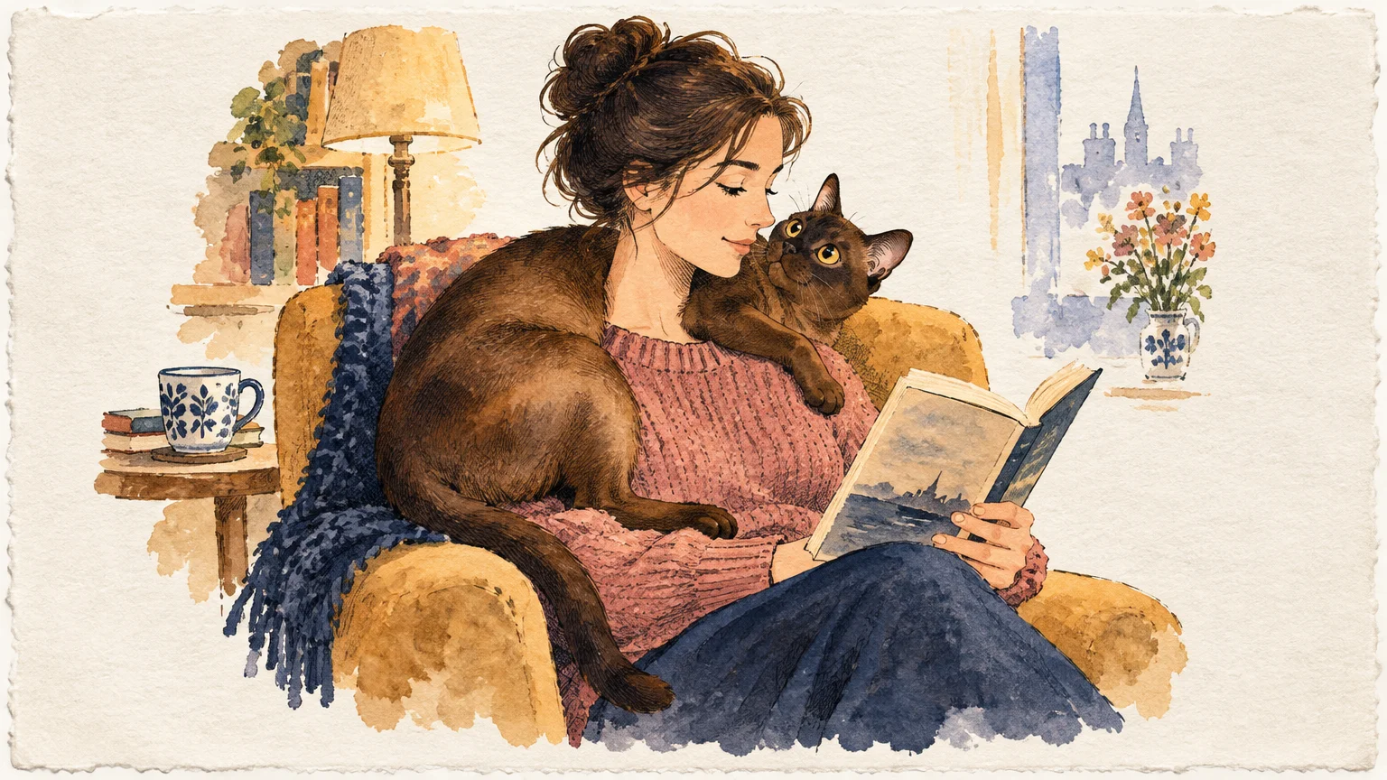 Watercolor illustration of a woman reading in an armchair while a brown Burmese cat drapes across her shoulder.