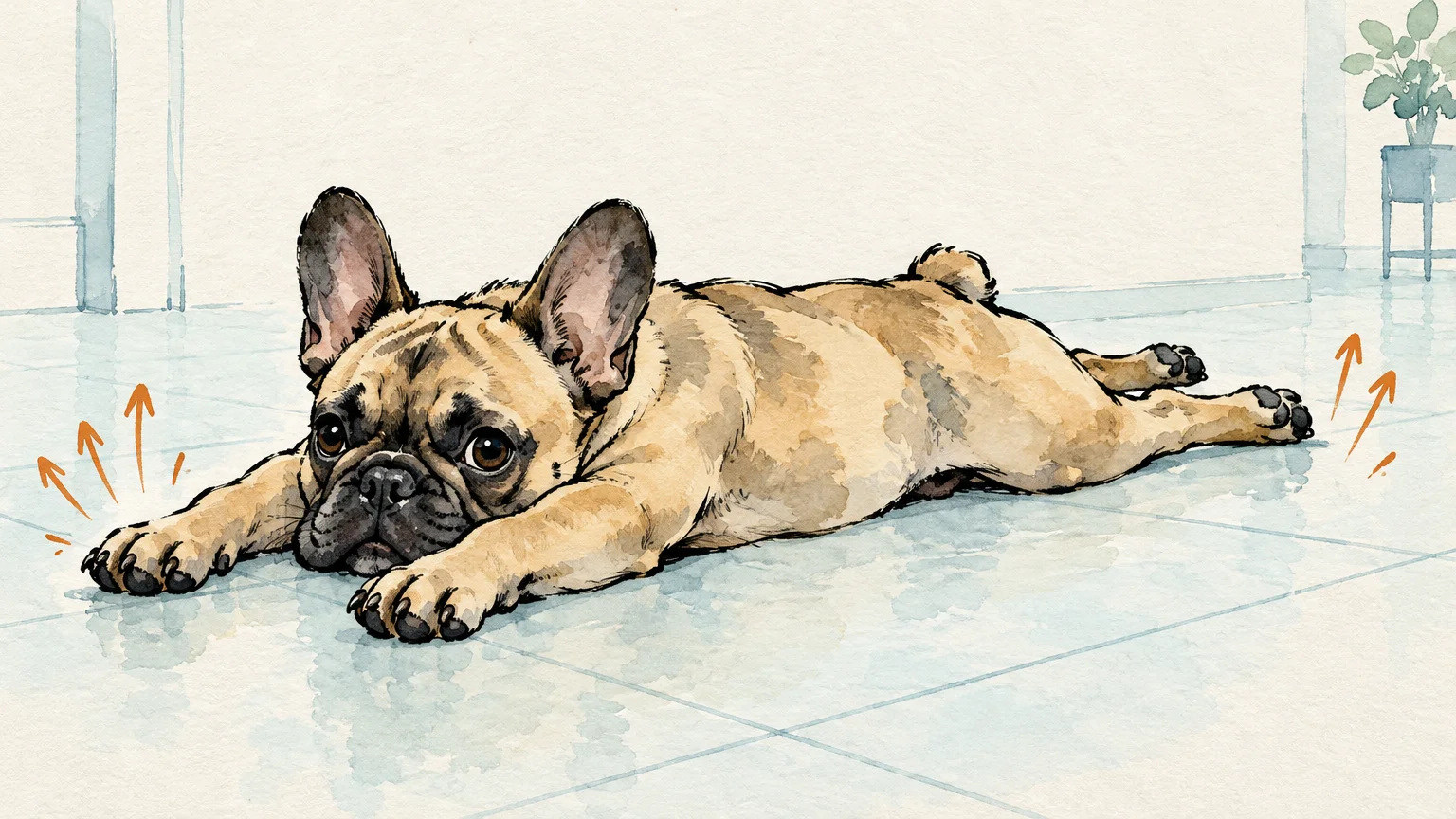 Watercolor illustration of a fawn French bulldog lying flat on a tiled floor with front and back legs fully stretched.