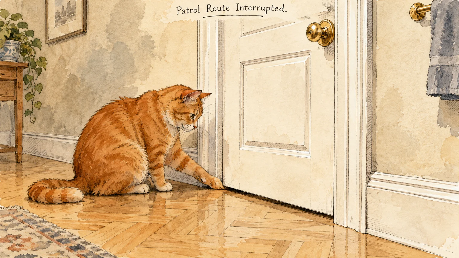 Watercolor illustration of an orange tabby cat sliding its paw under a closed white bathroom door.