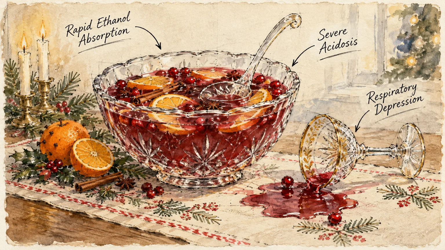 Watercolor of a crystal punch bowl with sliced oranges and an overturned glass spilling red punch onto a tablecloth.