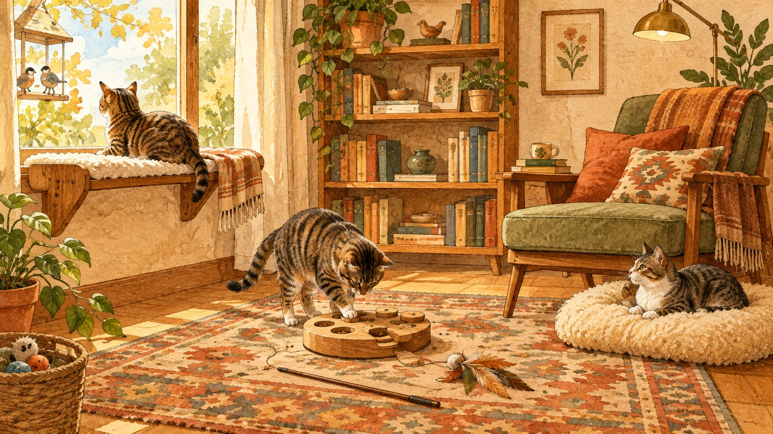Cozy living room illustration with three cats enjoying a window perch, a wooden puzzle feeder, and a fluffy bed.