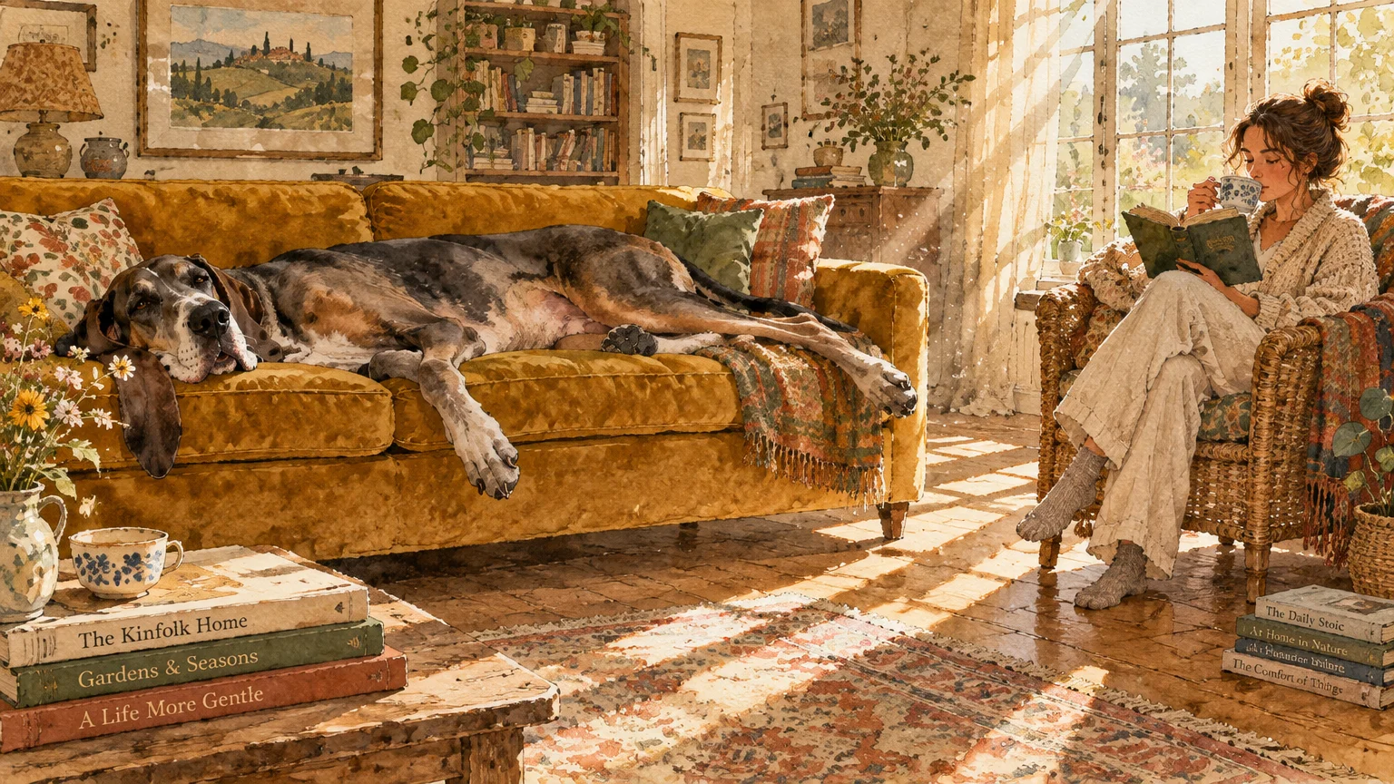Illustration of a woman reading in a wicker armchair while a massive dog sleeps across a yellow velvet sofa.