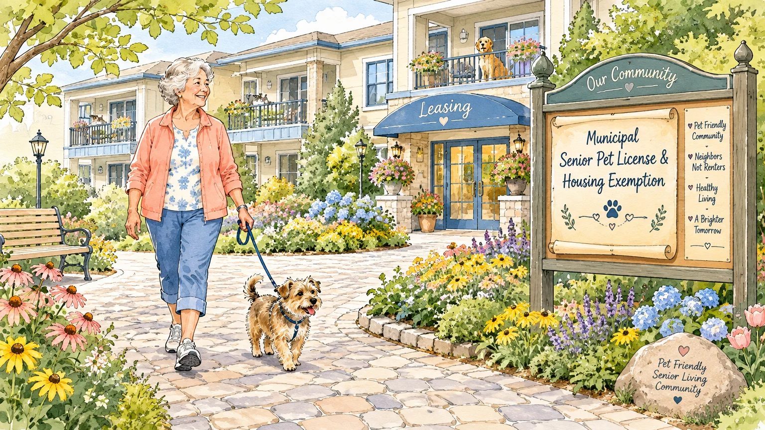 A senior woman walks a small dog on a paved path past an apartment leasing office and community sign.