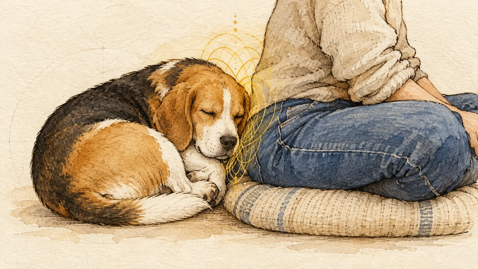 Watercolor illustration of a beagle curled up asleep, resting its head against a person sitting cross-legged on a cushion.