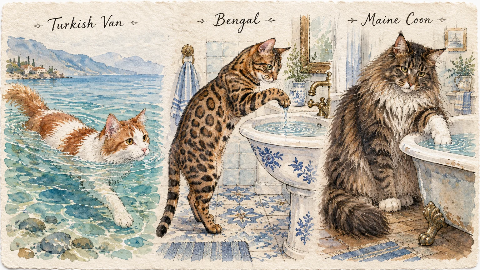 Watercolor illustration of a Turkish Van swimming, a Bengal playing in a sink, and a Maine Coon touching bathwater.
