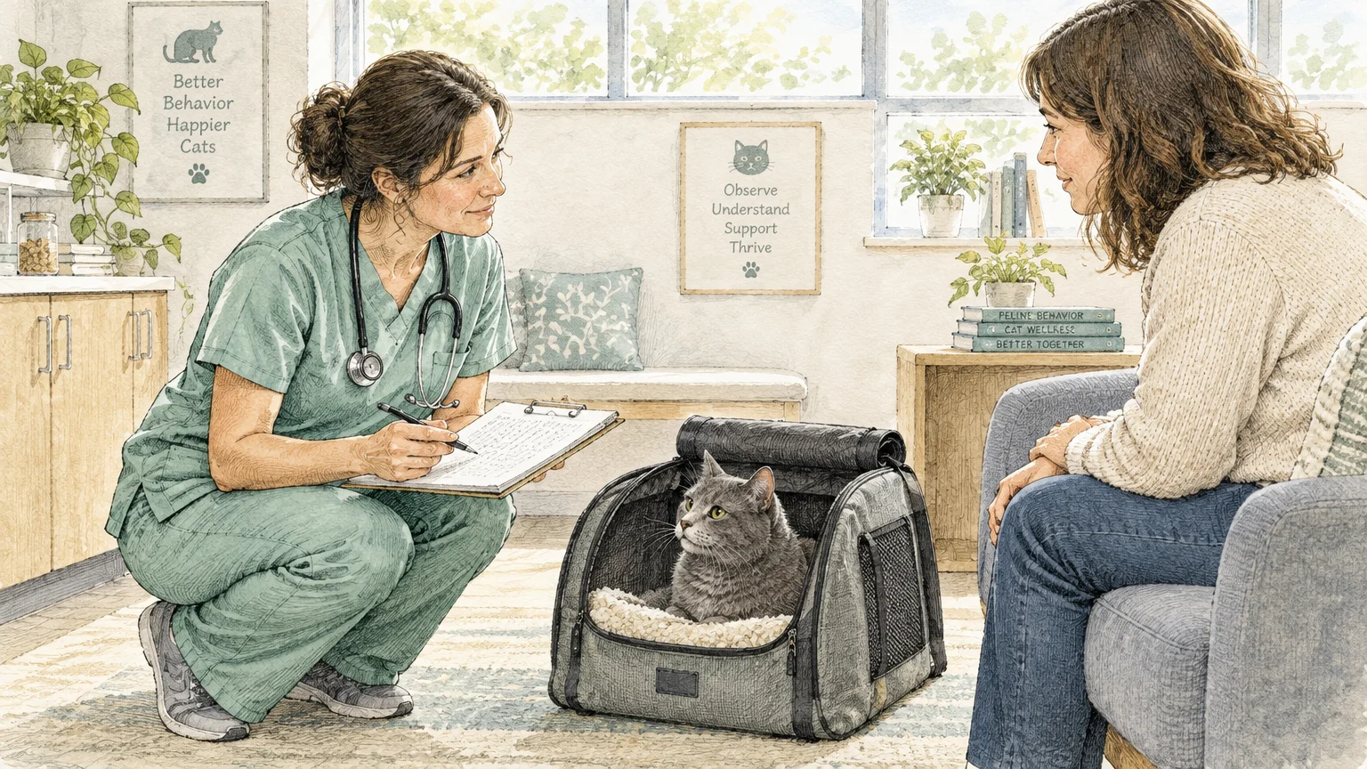 Illustration of a veterinarian taking notes while consulting a cat owner seated near a grey cat inside an open pet carrier.