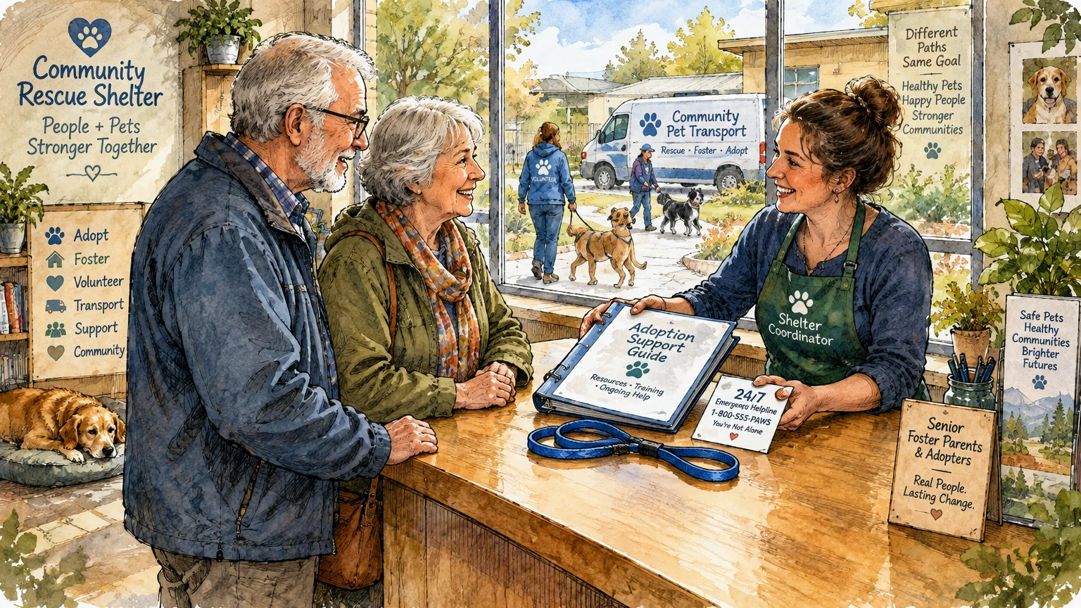 Watercolor illustration of a shelter coordinator talking with a senior couple at a rescue desk, holding an adoption guide.