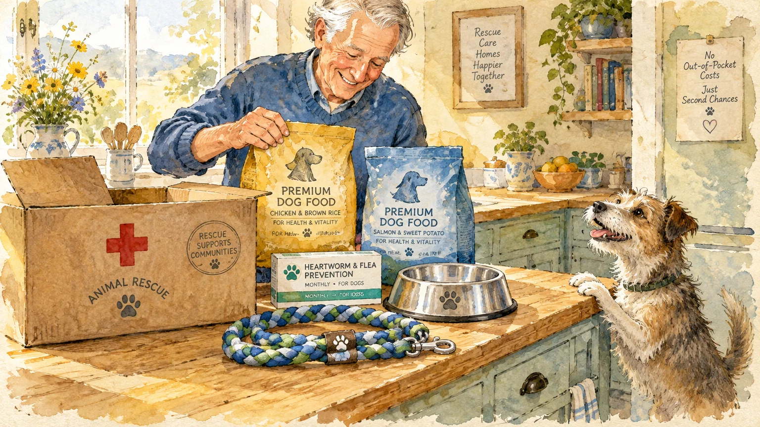 Watercolor of an older man unpacking dog food and pet supplies on a counter beside an eager scruffy dog.