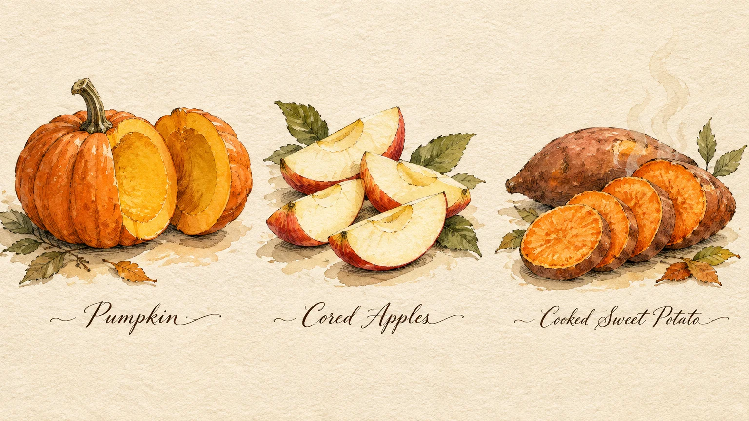 Botanical watercolor illustration of pumpkin slices, cored apple wedges, and sliced cooked sweet potato with cursive labels.