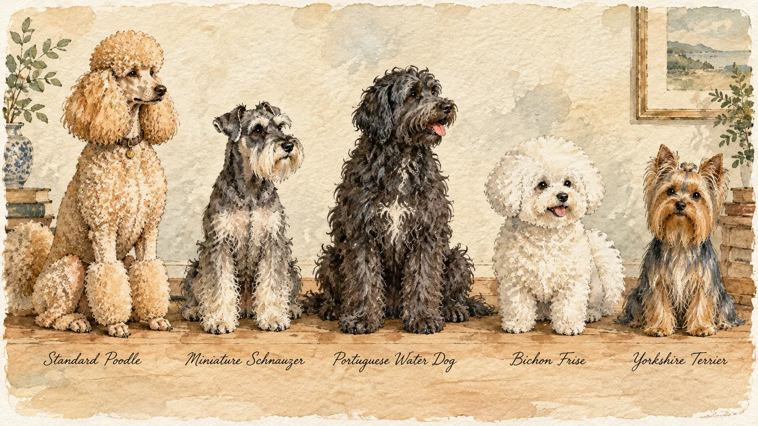 Watercolor illustration of five dogs seated in a row: Standard Poodle, Miniature Schnauzer, Portuguese Water Dog, Bichon Frise, and Yorkshir