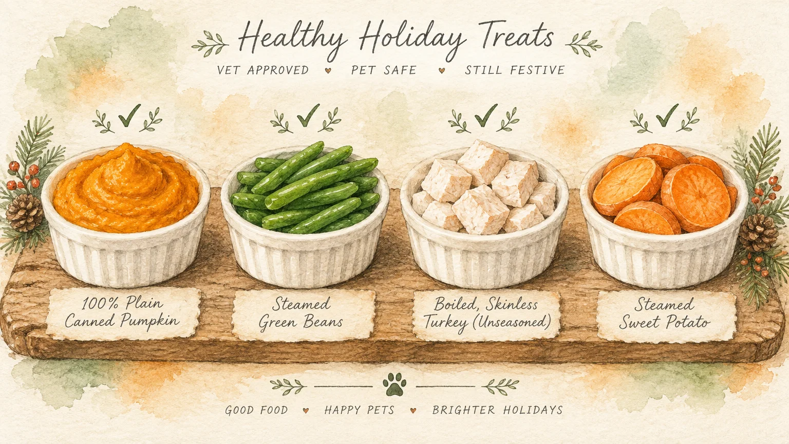 Four small bowls of pureed pumpkin, green beans, diced turkey, and sliced sweet potatoes set on a rustic wooden board.