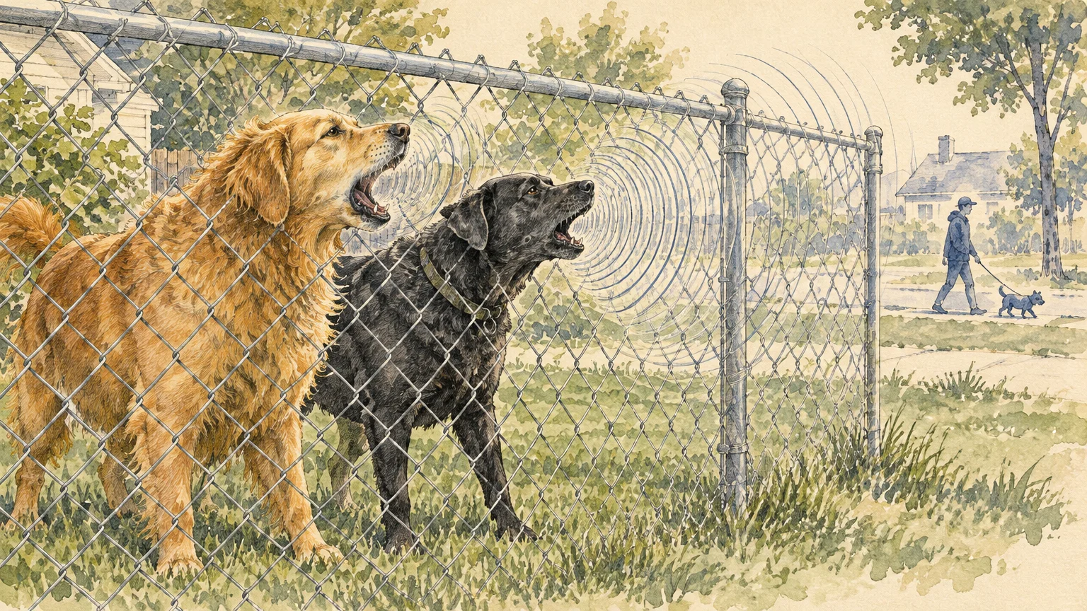 Watercolor illustration of two dogs barking behind a chain-link fence as a person walks a small dog down the street.