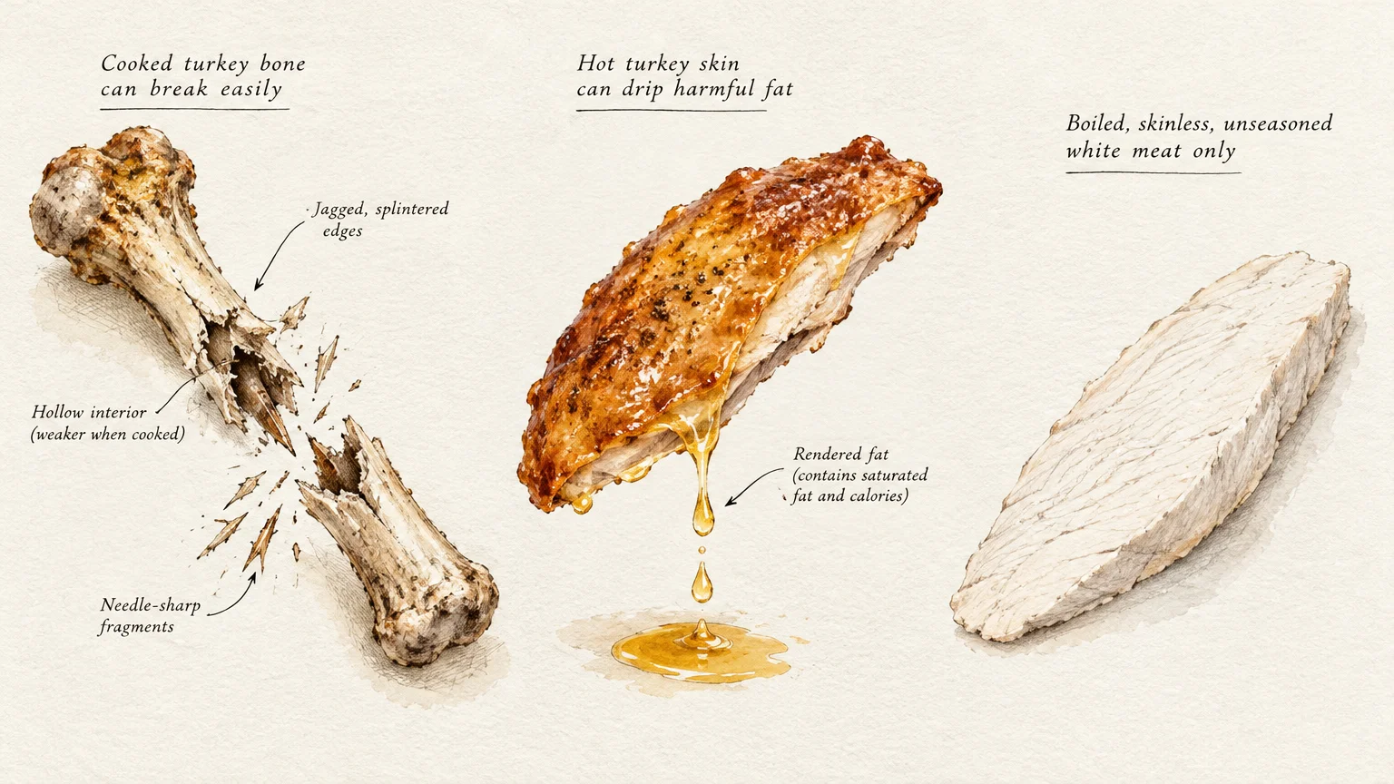 Illustrations of a splintered cooked bone, roasted turkey skin dripping fat, and plain skinless boiled white meat.