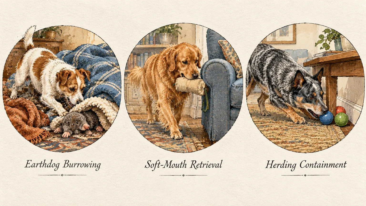 Three circular illustrations showing a terrier digging in blankets, a golden retriever carrying a toy, and a cattle dog.