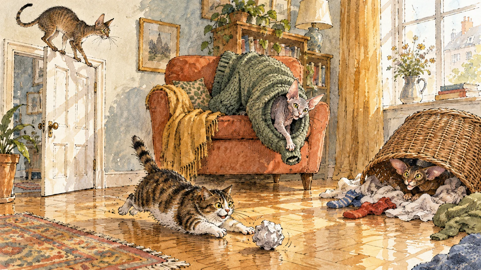 Watercolor illustration of four playful cats in a living room, hiding in a sweater, under a laundry basket, and on a door.